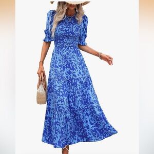 Blue Floral Tiered Maxi Dress with Puff Sleeves